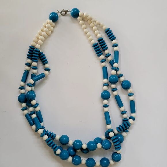 Vintage Blue And White Multi Strand Beaded Necklace With Round And Tube Beads - Picture 1 of 10